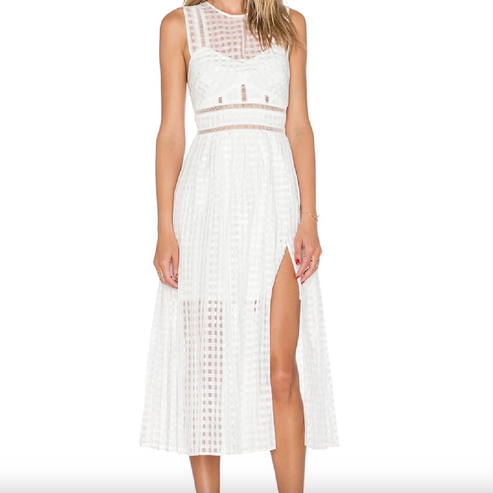 Self-Portrait Pleated Check Midi Dress US 0 UK 4 White
